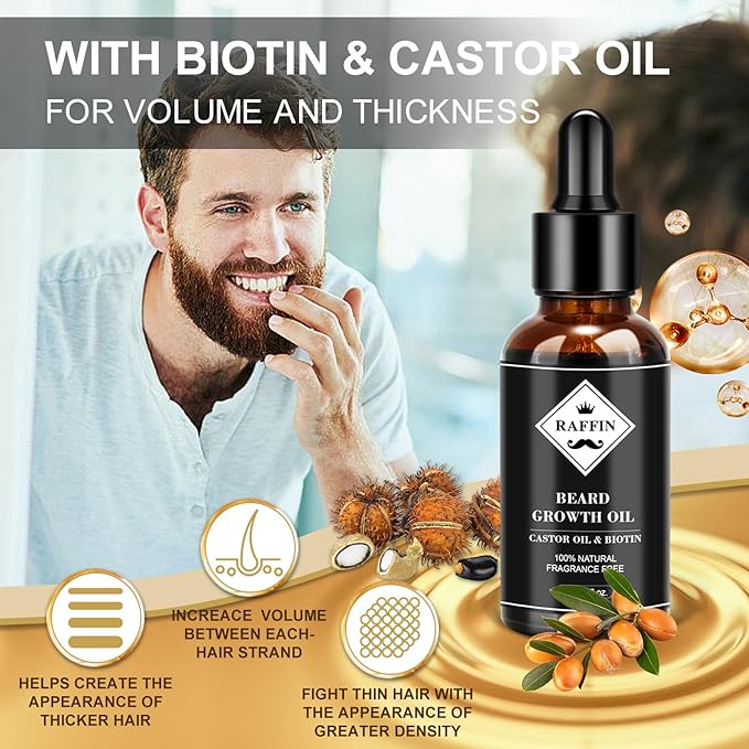 RAFFIN Beard Growth Kit, Upgraded Beard Growth Oil (2Oz) w/Maximum Thickening Biotin & Castor Oil for Spot/Patchy Beard, Achieve Fuller, Thicker & Healthier Beards, Gifts for Him Boyfriend Husband Dad