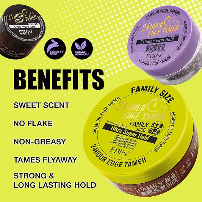 EBIN NEW YORK 24 Hour Edge Tamer Ultra Super Hold 1.01Fl Oz Strong Edge Control Gel, No Flaking, Sleek Smooth Finish, Long Lasting, Argan & Castor Oil