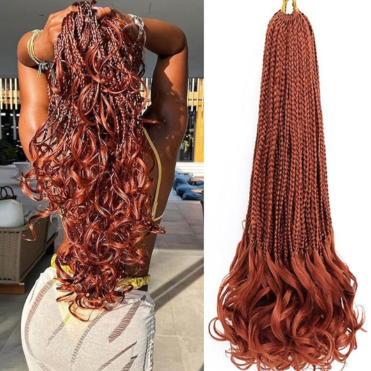 French Curl Crochet Braids 24 Inch 8 Packs Goddess Box Braids Crochet Hair for Women Ginger Pre Looped Crochet Box Braid with Curly Ends Synthetic French Curly Braiding Hair Extensions (350#)