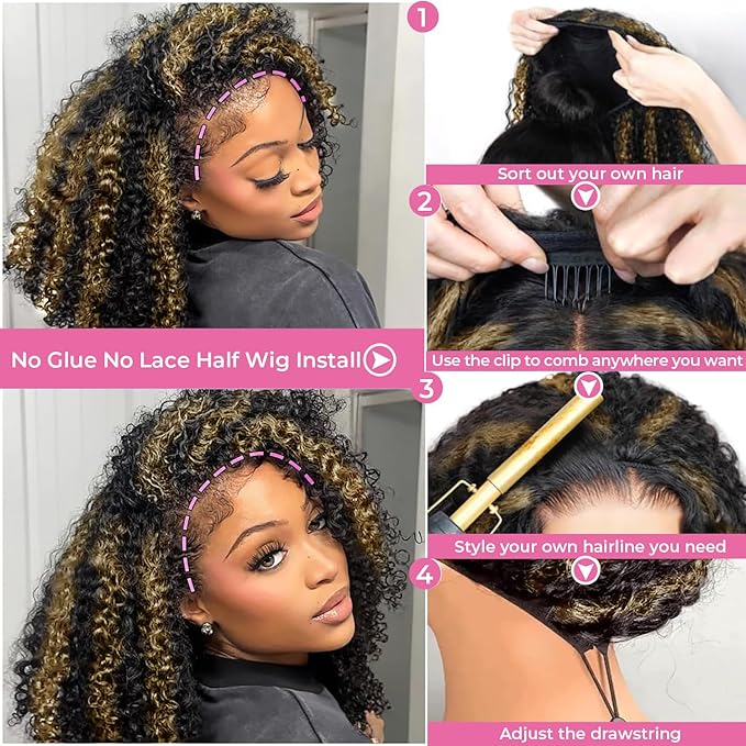 Kinky Curly Half Wig Human Hair 250% Density Wear Go Glueless Wigs Human Hair Curly 3 In 1 Half Wigs for Women Drawstring Seamless Flip Highlight Blonde Headband Wig Beginner Friendly (16 Inch)