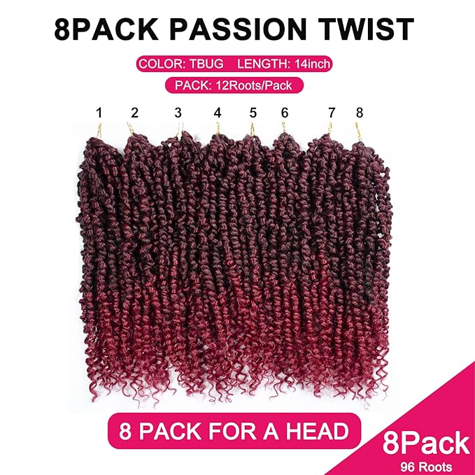 Passion Twist Hair - 8 Packs 14 Inch Passion Twist Crochet Hair For Women, Crochet Pretwisted Curly Hair Passion Twists Synthetic Braiding Hair Extensions (14 Inch 8 Packs, TBUG)