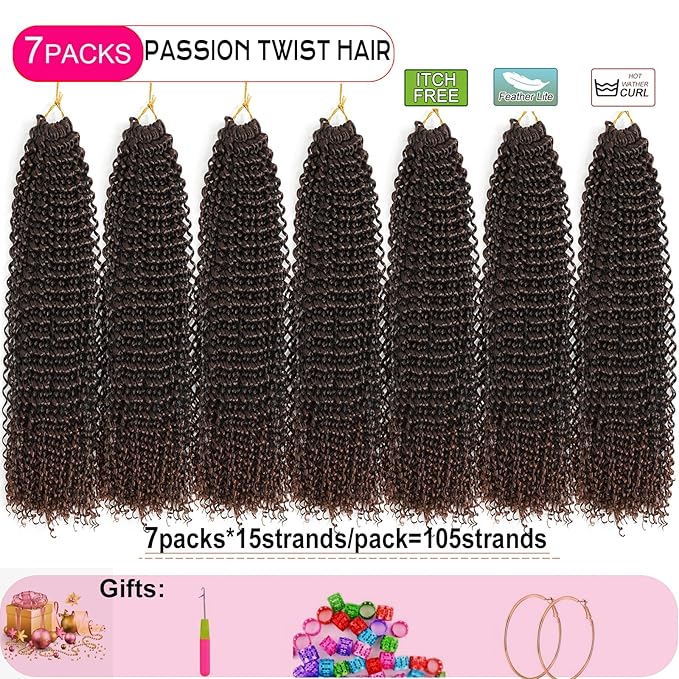 Passion Twist Hair 14 Inch 7 Packs Water Wave Crochet Hair Black Wrap Braiding Hair For Passion Twist Crochet Hair/Butterfly Locs/Spring Twist Crochet Braids Boho Hair Extension (14 Inch, T1B/30#)
