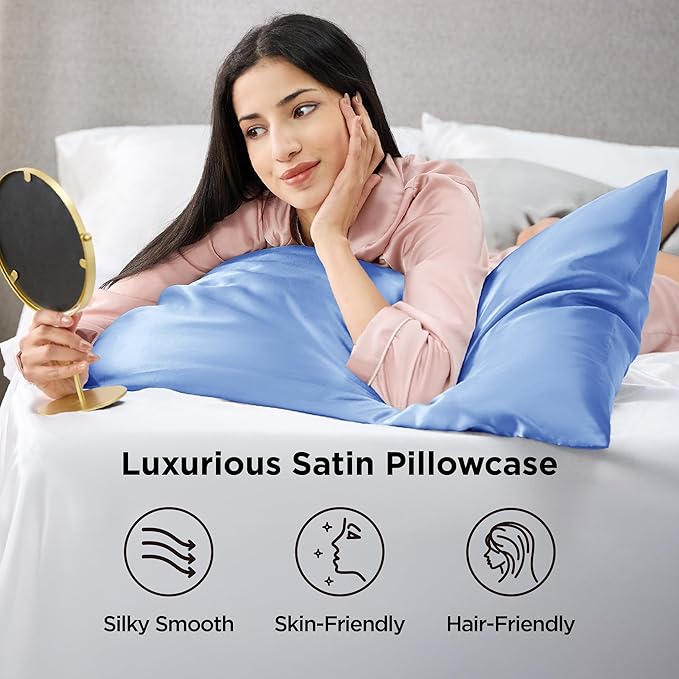 Bedsure Satin Pillowcase 2 Pack Similar to Silk Pillow Cases Standard Size, Pillow Case for Sleeping Women with Envelope Closure, Gifts for Women Men, Sky Blue, 20x26 Inches, 2pcs