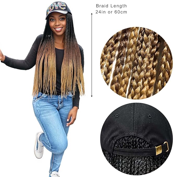24" Box Braid Hair Extensions 100 Strands Gradient Brown, Rhinestone 'LOVE' Cap Wig for Women Girls Easy Style
