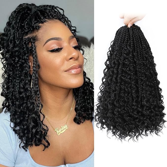 14 Inch Goddess Box Braids Crochet Hair Curly Ends 9 Packs Pre Looped Boho Crochet Box Braids Bohemian Box Braid Crochet Hair For Black Women (14Inch 9 Packs,1B)