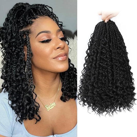 Goddess Box Braids Boho Crochet Hair 14 Inch, 9 Packs Pre Looped Box Braids For Black Women(14Inch 9 Packs,1#)