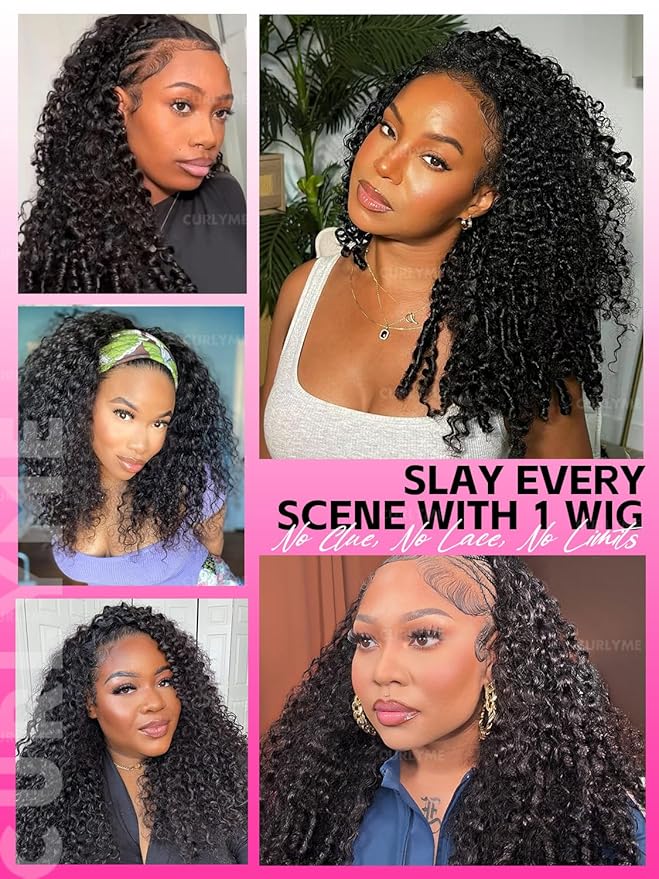 Curlyme Burmese Curly Half Wig Human Hair Seamless Flip Over Half Wigs Glueless Wear and Go Beginner Friendly Burmese Curly Wig Human Hair 3 In 1 Drawstring Headband Wig for Women 24 Inch