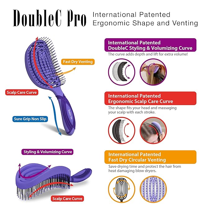 NuWay 4HAIR DoubleC PRO U.S. Patented Double Curved Detangling Brush is Hair Dryer Safe (Hyacinth)