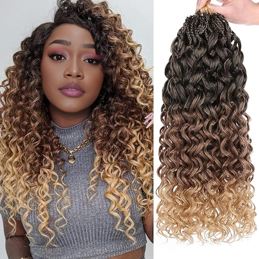 Leeven Gogo Curl Crochet Hair 18 Inch 8 Packs Ombre Brown to Honey Blonde Ocean Wave Crochet Hair Pre Looped Deep Twist Goddess Box Braids Short Curly Water Wave Synthetic Hair for Women Girl Kids