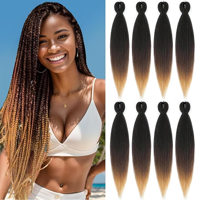 Pre-stretched Braiding Hair - 30 Inch 8 Packs 3 Tones Ombre Brown Braiding Hair For Twist or Box Braids, Yaki Texture Hot Water Setting Long Braiding Hair 30 Inch, 1B/30/27-8P)