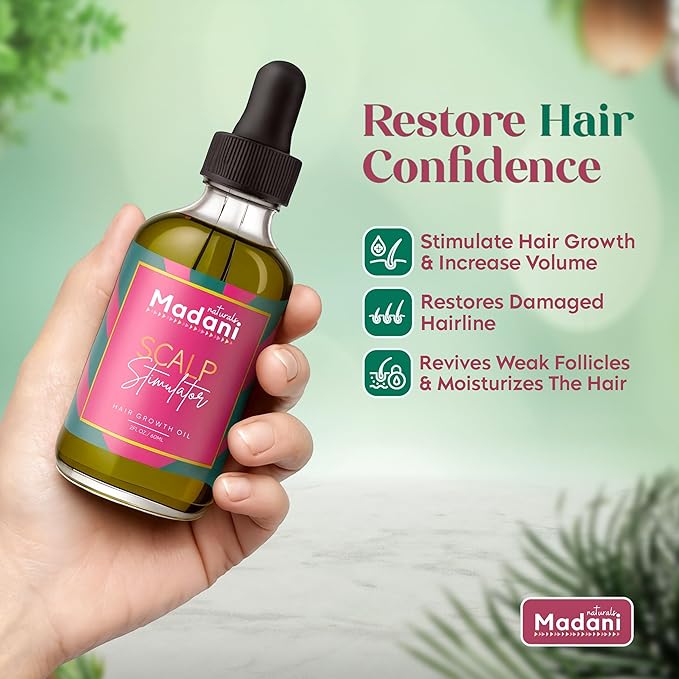 Madani Naturals Scalp Stimulator Hair Growth Oil With Rosemary Oil & Mint - Hair Loss Treatment for Split End and Dry Scalp for All Hair Types, Strengthen Hair and Stop Hair Loss, 2-Fluid Ounces