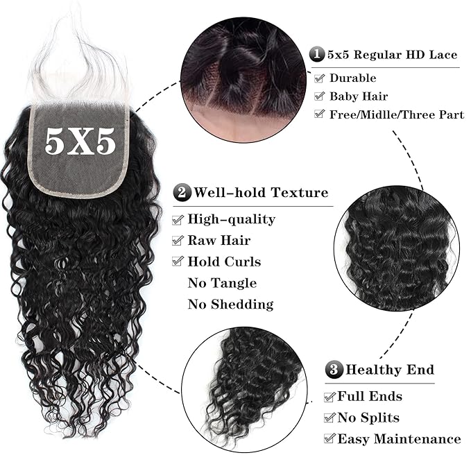 12A Human Hair 3 Bundles with 5x5 Lace Closure (22 24 26+20) 100% Unprocessed Brazilian Water Wave Virgin Remy Hair Ocean Wave Curly Human Hair Bundles with HD Lace Closure Natural Color