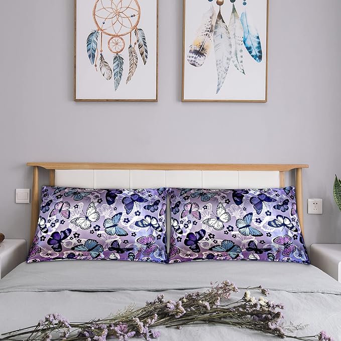 Satin Pillowcase for Hair and Skin, Soft Satin Pillow Cases Queen Size Pack of 2, Cooling Silk Satin Pillowcase Set with Envelope Closure (20’’x30’’, Purple, Butterflies & Flower)