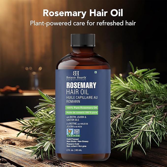 Botanic Hearth 100% Pure Rosemary Oil For Hair Growth Infused With Biotin | Hair Strenghtening Treatment | Nourishing & Volumizing | With Jojoba Oil & Castor Oil | Non GMO Verified | 2 fl oz, Blue