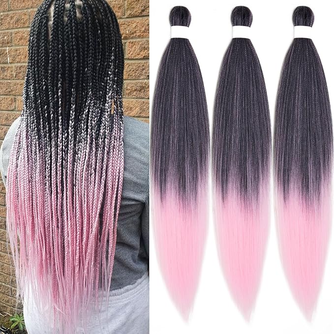 Pre Stretched Braiding Hair Ombre Black Pink Braiding Hair Pre Stretched Colored Hair Extensions for Braiding Box Braids Crochet Hair Pink Weave Prestretched Braiding Hair 26 inch 3 pack