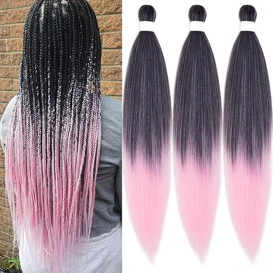 Pre Stretched Braiding Hair Ombre Black Pink Braiding Hair Pre Stretched Colored Hair Extensions for Braiding Box Braids Crochet Hair Pink Weave Prestretched Braiding Hair 26 inch 3 pack