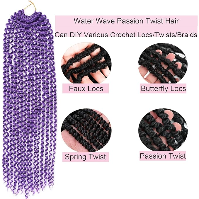 Purple Passion Twist Hair 24 Inch 5 Packs Passion Twist Braiding Hair Water Wave Crochet Hair For Women Passion Twist Crochet Hair/Butterfly Locs/Spring Twist Crochet Braids Hair(24in,Purple)