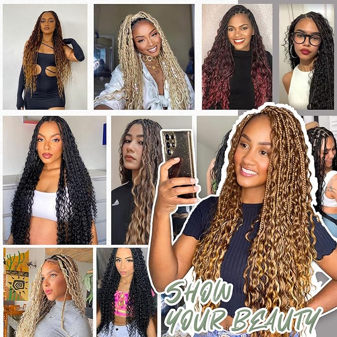 Wassai 18 Inch 7 Packs Boho Box Braids Crochet Hair for women Goddess Box Braids with Curly Ends Bohemian Crochet Braids Synthetic Braiding Hair Extensions, M33/30/27