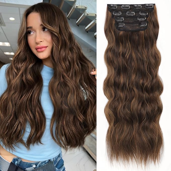ALXNAN Clip in Long Wavy Synthetic Hair Extension 24 Inch Brown with Caramel Highlights 4PCS Thick Hairpieces Fiber Double Weft Hair for Women
