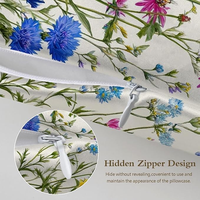 Silk Pillowcase for Hair and Skin Colorful Botanical Wildflowers Satin Pillowcase Standard Size with Zipper Silky Soft Cooling Satin Pillowcase Sleeping for Women 20"x26"