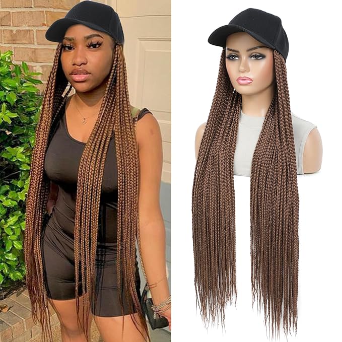 Braided Baseball Cap Wig Box Braid Hair Extensions with Hat brown color Synthetic Cap Wig with 30inch Long Synthetic Braiding Hair for Women (30in-30)