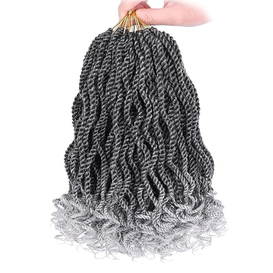 Leeven 10 Inch Wavy Senegalese Twist Crochet Hair 8 Packs Ombre Grey Pre Looped Short Micro Twist with Curly Ends, Small Hanava Twist, Synthetic Crochet Braids for Women Girl Kids