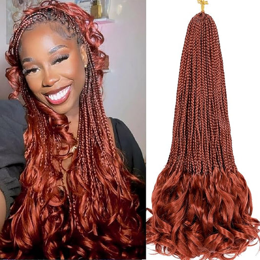 French Curl Crochet Braids 18 Inch 8 Packs Goddess Box Braids Crochet Hair for Women Copper Pre Looped Crochet Box Braid with Curly Ends Synthetic French Curly Braiding Hair Extensions 350#