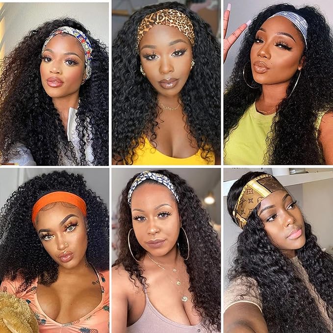 ISEE Headband Wig Human Hair Kinky Curly Human Hair Wigs for Black Women Glueless None Lace Front Wigs 180% Density 16inch