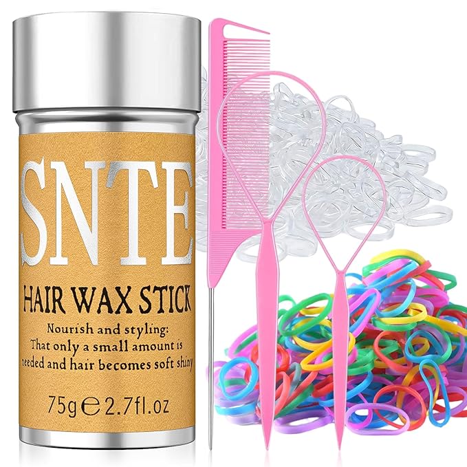 Hair Wax Stick & Styling Accessories - Smooths Flyaways for Kids & Women, 1000 Elastic Hair Ties, 1 Slick Back Hair Brush, 2 Hair Loop Styling Tools - Creates Ponytails & Braids for Teen Girls Gifts