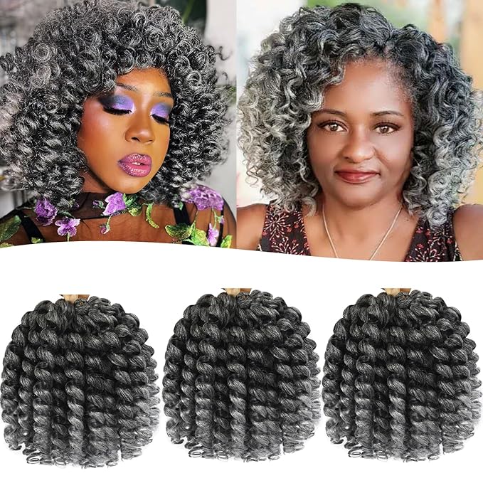 Svolna Jamaican Bounce Crochet Hair Extensions 8 inch Ringlet Wand Curl Crochet Hair Curly Pre Looped Crochet Braids Grey Crochet Braiding Hair 60 Roots (8Inch (Pack of 3), TGrey)