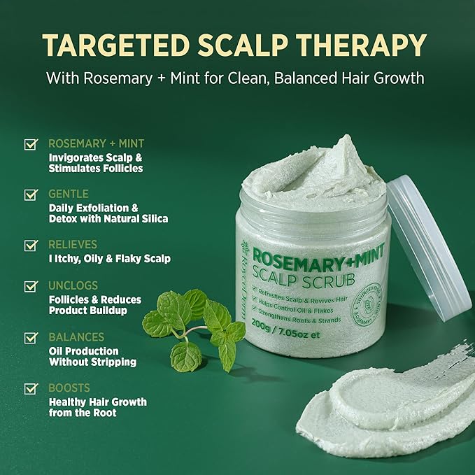RoyceDerm Rosemary Mint Scalp Scrub – Exfoliating Scalp Treatment for Oily, Flaky & Itchy Scalp – Supports Hair Growth, Oil Control & Dandruff Relief with Rosemary & Peppermint Oils, Menthol & Silica