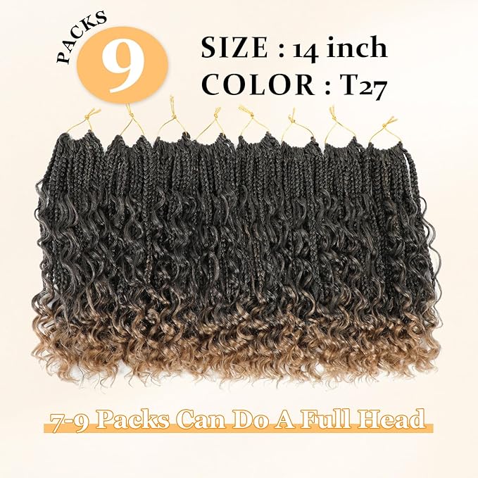 14 Inch Goddess Box Braids Crochet Hair Curly Ends 9 Packs Pre Looped Boho Crochet Box Braids Bohemian Box Braid Crochet Hair For Black Women (14Inch 9 Packs,T27)