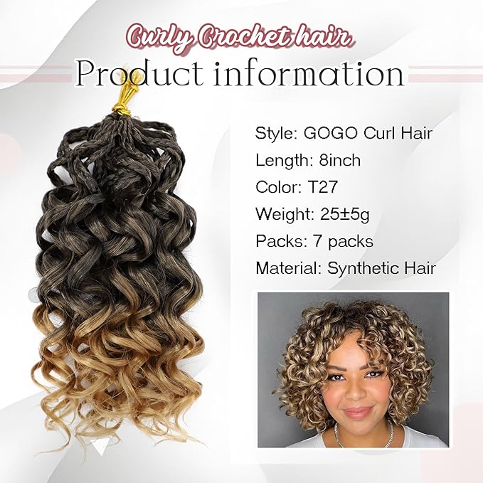 7 Packs Gogo Curl Crochet Hair for Women 8 Inch Pre-Twisted Curly Crochet Hair Pre Looped Deep Ocean Water Wave Beach Curl Crochet Braids Synthetic Braiding Hair Extensions (8 Inch, 1B/27)