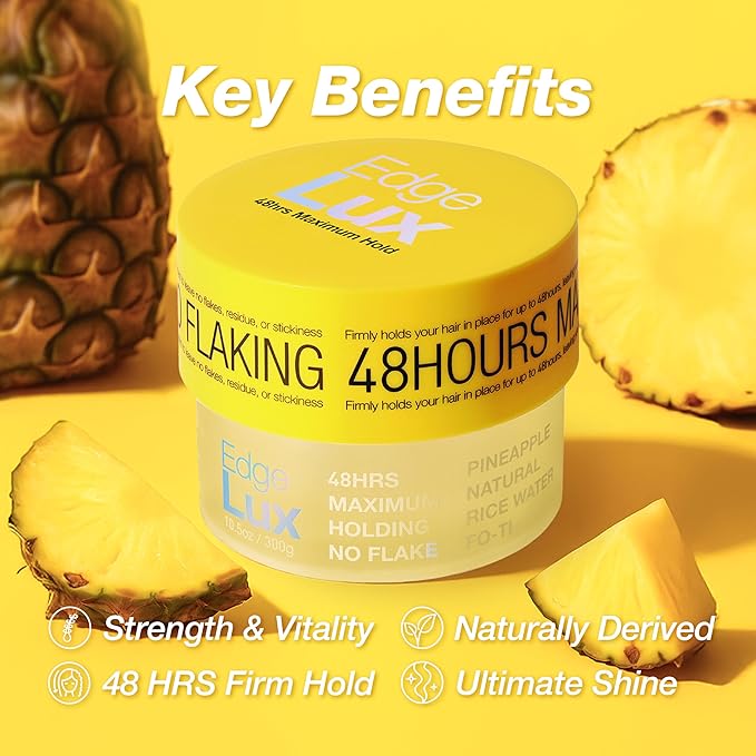 Edge Lux Pineapple Edge Control Gel with Castor Oil, Keratin, Biotin, and Olive Oil - 48 Hour Maximum Hold, Non-Flaking, Non-Greasy, Scented, Conditioning Styling Gel for All Hair Types, 1 Ounce
