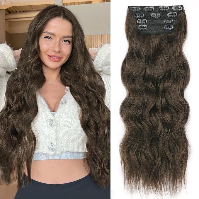 ALXNAN Clip in Hair Extensions for Women,Chocolate Brown with Dark Brown Long Wavy Hair Extensions Clip Ins 4PCS 24 Inch Synthetic Soft and Natural Thick Hair Pieces for Women