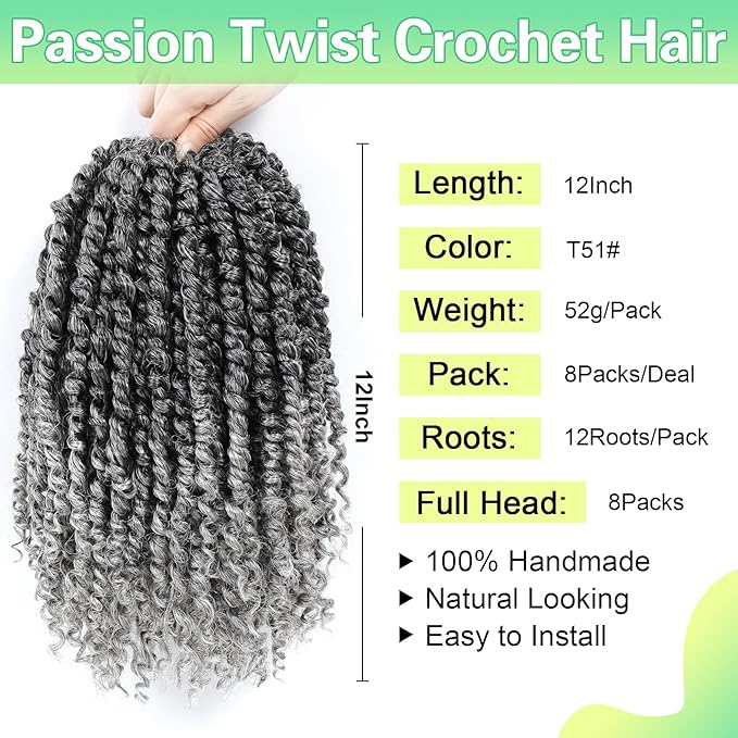 Passion Twist Crochet Hair 12Inch Passion Twist Hair 8 Packs Pre-Twisted Passion Twist Crochet Hair for Black Women Soft Passion Twist Curly Crochet Hair 12"(Pack of 8) T51