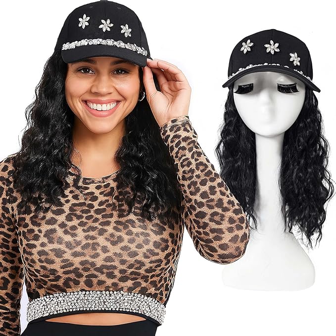 14-Inch Curly Hat Wigs for Women, Synthetic Water Wave Black Hair Wig, Baseball Cap with Hair Extensions