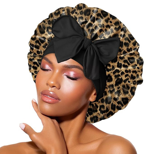 BONNET QUEEN Silk Bonnet for Sleeping Women Satin Bonnet Night Sleep Cap Hair Wrap for All Hair with Adjustable Tie Band,Leopard