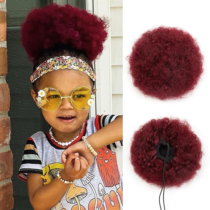 Real Human Hair Feipro Kids Afro Puff Ponytail for Black Women Short Kinky Curly Ponytail Extension Drawstring Ponytail Fake Bun 4c African American Puffs Burgundy 6 Inch 40g Cheer Halloween Christmas