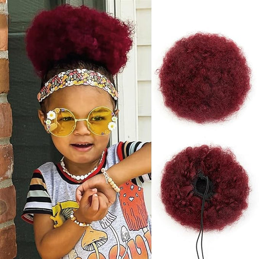 Real Human Hair Feipro Kids Afro Puff Ponytail for Black Women Short Kinky Curly Ponytail Extension Drawstring Ponytail Fake Bun 4c African American Puffs Burgundy 6 Inch 40g Cheer Halloween Christmas