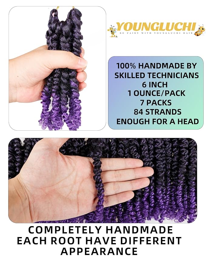 Super Short Passion Twist Crochet Hair for Black Women and Kids-6 Inch 7 Packs Ombre Purple Pre Looped Pre-twisted Passion Twist Hair,Bob Spring Kinky Twist Bohemian Curl(6"-7P,Tpurple)