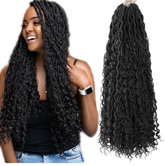 Goddess Locs Crochet Hair 26Inch 8Packs Boho Faux Locs,Crochet Loc With Curly Ends River Hippie Bohemian Loc Crochet Hair for Black Women(1B, 26inch(Pack of 8))