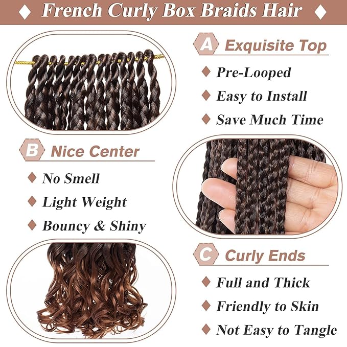 12 Inch French Curl Crochet Braids 9 Packs Goddess Box Braids Ombre Brown Pre Looped Crochet Hair with Bouncy Curly Ends Synthetic French Curly Braiding Hair for Women Girls