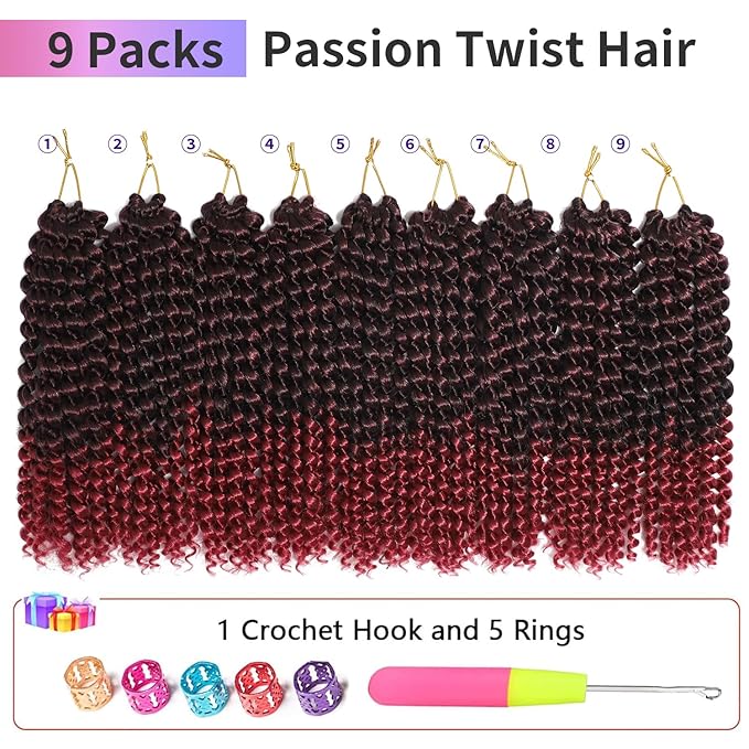 Burgundy Color Passion Twist Crochet Hair for Women 9 Packs 10 Inch Water Wave Short Twist Crochet Hair Curly Pre-looped Braiding Hair Extensions For Butterfly Locs Braids 1bbug