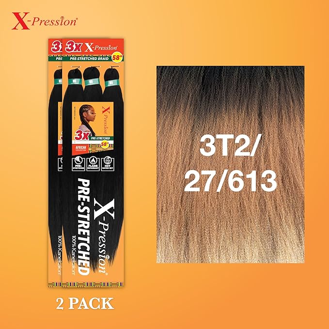 Sensationnel X-pression prestretched braiding hair - 3x braid 58 inch all kanekalon flame retardant synthetic braid for box braids and twists (2 pack, 3T2/27/613)