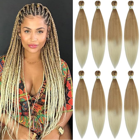 Ombre Braiding Hair Pre Stretched 24 Inch 8 Packs, Synthetic yaki Ombre Blond Pre Stretched Braiding Hair 27/613#