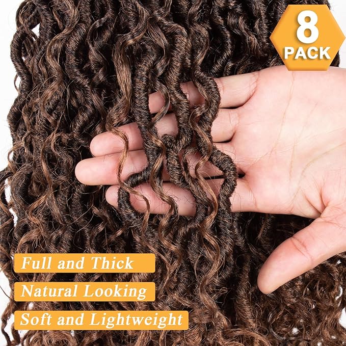 COOKOO 8 Packs Short Goddess Faux Locs Hair 12 Inch 14 Strands/Pack Pre-looped Ombre Brown Goddess Locs Crochet Hair Bohemian Locs Crochet Hair with Curls River Locs Synthetic Hair Extentions T30#