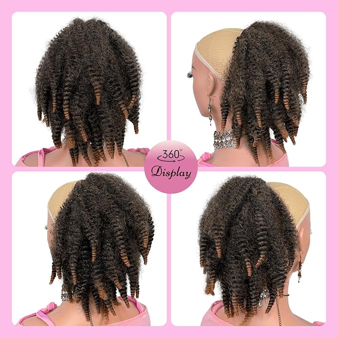 Short Marley Hair Drawstring Ponytail - Ombre Light Brown 4C Afro Puff Bun Ponytail Synthetic Braiding Hair Afro Kinky Curl Pony Tail Hairpiece for Black Women - T27# Ombre Brown, 12"