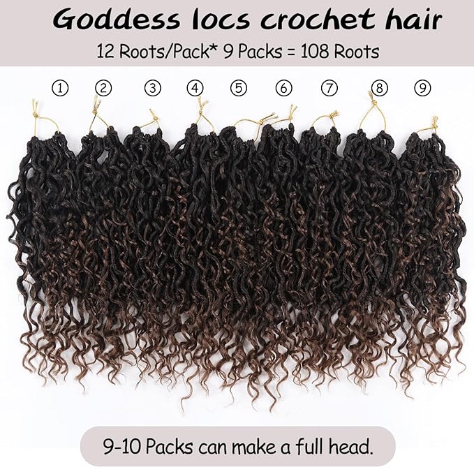 Goddess Locs Crochet Hair,12 Inch 9 Packs Synthetic Faux Locs Crochet Hair for Black Women,River Locs Hair Extensions Boho Style Pre looped Faux Locs with Curly Ends