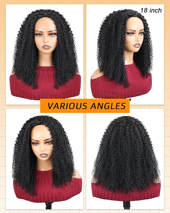 ‌Kinky Curly Half Wig Human Hair With Drawstring 200% Density, Seamless 3 In 1 Flip Over Afro Kinky Curly Wig Human Hair Glueless Wear and Go Headband Curly Half Wigs for Black Women 18 Inch